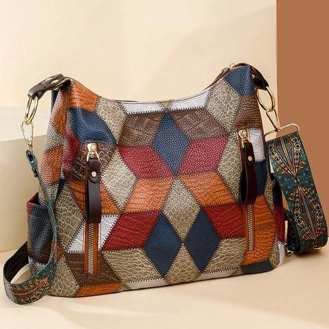 Vintage Patchwork Tote Bag For Women Large Capacity Shoulder Crossbody Bag With Ethnic Printed Wide Strap PU Leather Handbag