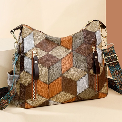 Vintage Patchwork Tote Bag For Women Large Capacity Shoulder Crossbody Bag With Ethnic Printed Wide Strap PU Leather Handbag