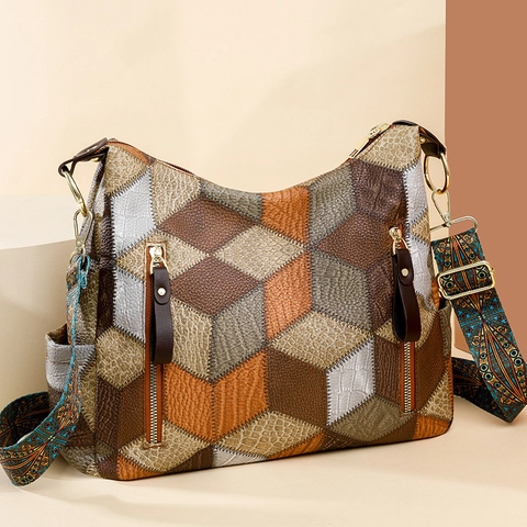 Γυναικεία Τσάντα Χιαστί Δερμάτινη PU Patchwork Γεωμετρικό Σχέδιο Διαμάντι Φαρδύ Λουράκι Μεγάλη Χωρητικότητα Ρετρό Μποέμ