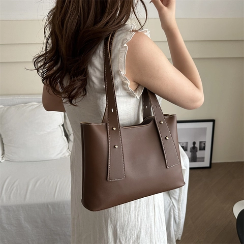 Bolso Tote de Cuero PU de Moda para Mujer con Costuras en Contraste Bolso de Hombro Minimalista Retro de Gran Capacidad