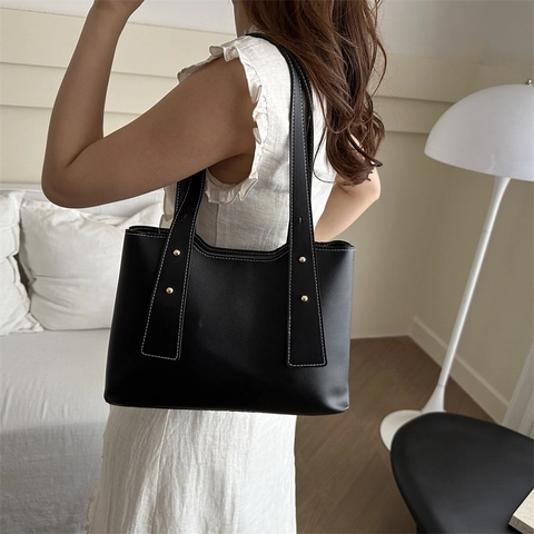 Bolso Tote de Cuero PU de Moda para Mujer con Costuras en Contraste Bolso de Hombro Minimalista Retro de Gran Capacidad