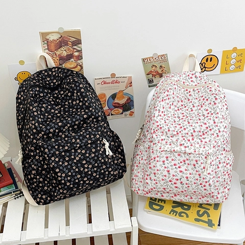Women Floral Print Nylon Backpack Fresh Sweet Style Student School Bag For Girls Casual Outdoor Daypack Flower Pattern