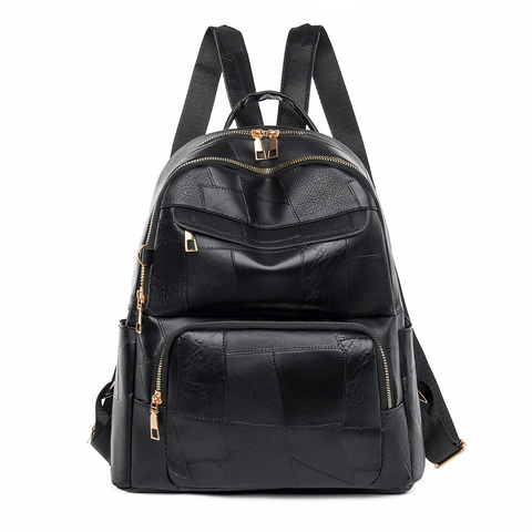 Women Fashion PU Leather Patchwork Backpack Korean Casual Waterproof Large Capacity Travel School Shoulder Bag Multi Pockets
