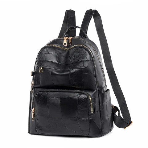 Women Fashion PU Leather Patchwork Backpack Korean Casual Waterproof Large Capacity Travel School Shoulder Bag Multi Pockets
