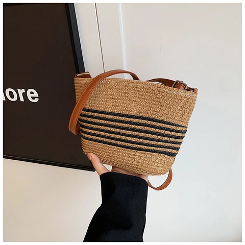 Dames Zomer Gestreept Strovlechtwerk Schoudertas Strand Vakantie Crossbody Tas Stijlvolle Casual Strotas voor Vrouwen
