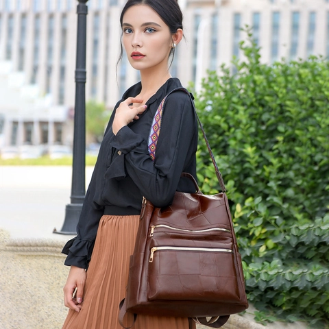 Damen Mode PU Leder Rucksack Diebstahlschutz Große Kapazität Patchwork Tasche Mit Farbigem Ethnischem Webband Lässiger Tagesrucksack