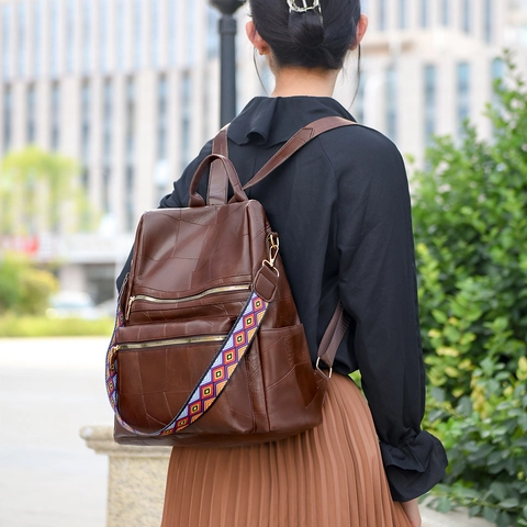 Damen Mode PU Leder Rucksack Diebstahlschutz Große Kapazität Patchwork Tasche Mit Farbigem Ethnischem Webband Lässiger Tagesrucksack