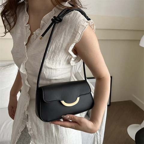 Minimalist PU Leather Underarm Bag For Women Niche Design Shoulder Bag With Gold Metal Buckle Knot Strap Versatile Handbag