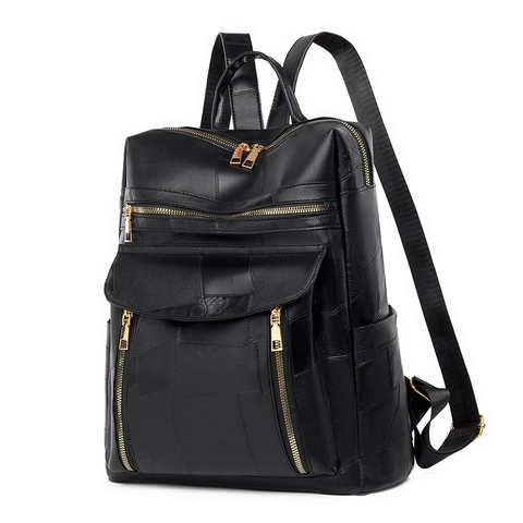 Sac à Dos en Cuir PU Patchwork Vintage Pour Femmes Grande Capacité Sac d'École Mode Urbain Décontracté Voyage Multi-Poches