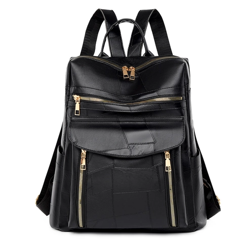 Sac à Dos en Cuir PU Patchwork Vintage Pour Femmes Grande Capacité Sac d'École Mode Urbain Décontracté Voyage Multi-Poches
