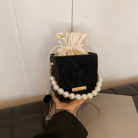 Fashion Women Mini Bucket Crossbody Bag PU Leather With Artificial Pearl Handle Gold Chain Strap Drawstring Stylish Purse