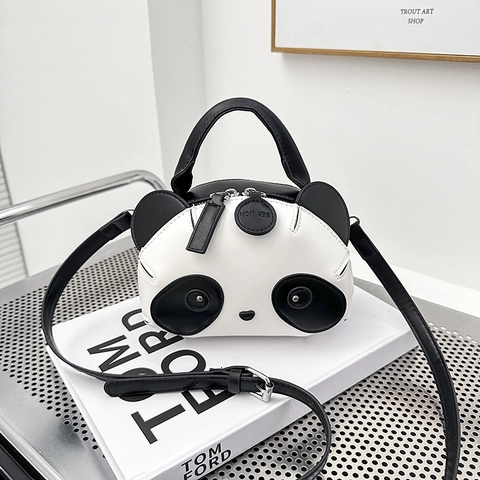 Bolso de Hombro para Mujer con Forma de Panda Lindo Cuero PU Dibujos Animados Color Contraste Con Asa y Correa Ajustable