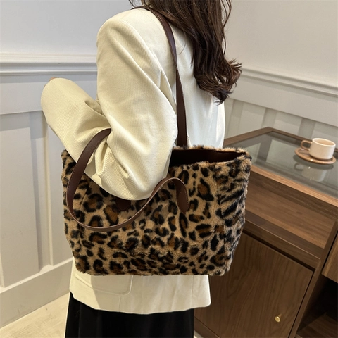 Bolso Tote de Peluche con Estampa de Leopardo para Mujer Piel Sintética Gran Capacidad Bolso de Hombro Casual Escuela