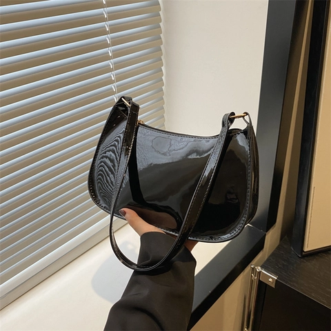 Damen Vintage Glänzend Lackleder Baguette Tasche Retro PU Achsel Umhängetasche Klein Mode Reißverschluss Horizontal Quadrat Handtasche