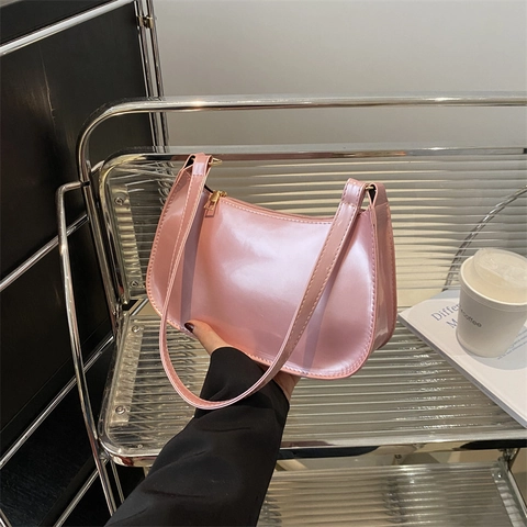 Damen Vintage Glänzend Lackleder Baguette Tasche Retro PU Achsel Umhängetasche Klein Mode Reißverschluss Horizontal Quadrat Handtasche