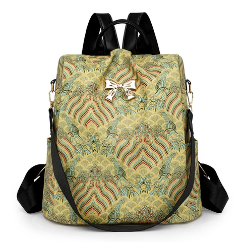 Zaino da Donna con Stampa Retrò Fiocco di Metallo di Moda Grande Capacità in Pelle PU Borsa da Viaggio Motivo a Onde Antifurto