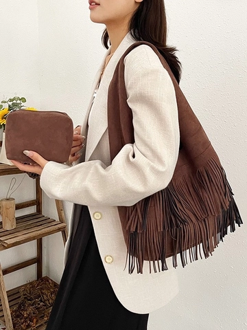 Dames Retro Bohemian Imitatiesuède Kwastje Schoudertas Grote Capaciteit Maillard Stijl Tote Bag Set Met Etui Dagelijkse Tas