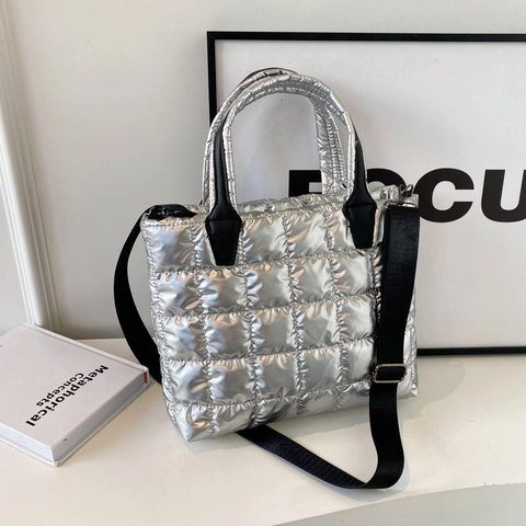 Damen PU Gesteppt Puffer Schultertasche Metallic Tote Umhängetasche Modische Große Kapazität Reise Tasche Für Den Alltag