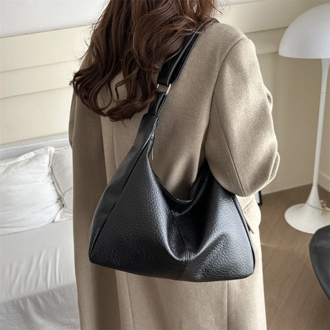Large Capacity PU Leather Hobo Shoulder Bag For Women Vintage Litchi Texture Tote Bag Solid Color Crossbody Bag For Daily Commute