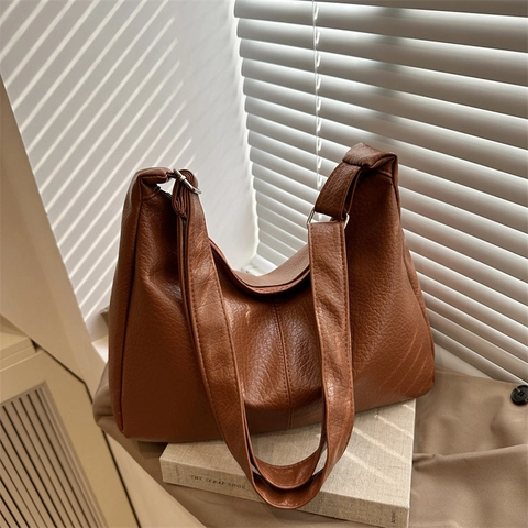 Large Capacity PU Leather Hobo Shoulder Bag For Women Vintage Litchi Texture Tote Bag Solid Color Crossbody Bag For Daily Commute