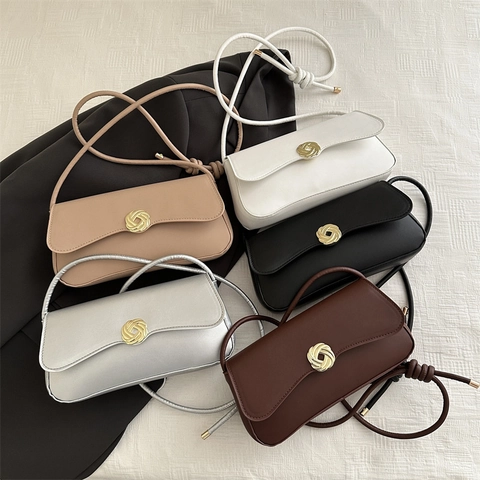 Dames Minimalistische PU Leren Okseltas Mode Bloem Sluiting Schoudertas Casual Vintage Baguette Stijl Handtas