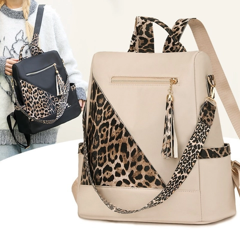 Fashion Women Leopard Print Nylon Backpack Large Capacity Anti-theft Shoulder Bag Multi-functional Travel Casual Daypack