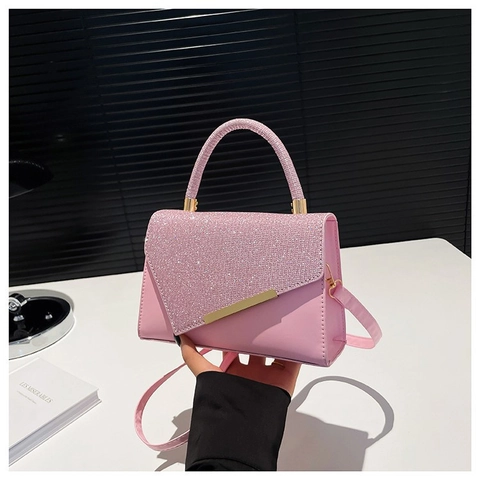 Borsa a Tracolla in PU con Brillantini da Donna Piccola Borsa Quadrata con Barra in Metallo Oro Elegante Borsa Sottobraccio