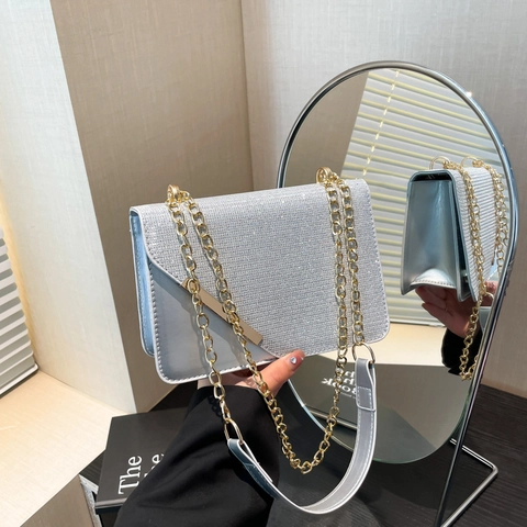 Sac À Épaule À Paillettes Pour Femmes Sac Bandoulière De Soirée En Cuir PU Avec Chaîne En Métal Vintage Tendance À Rabat