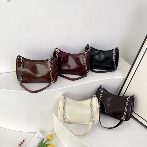 Women Fashion Shiny PU Leather Shoulder Bag Solid Color Underarm Bag With Metal Chain Elegant Commuter Baguette Bag