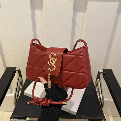 Damen Gesteppte PU Leder Unterarmtasche Geometrische Nähte Schultertasche Mit Metall Logo Und Quaste Pendeln Täglich Tote