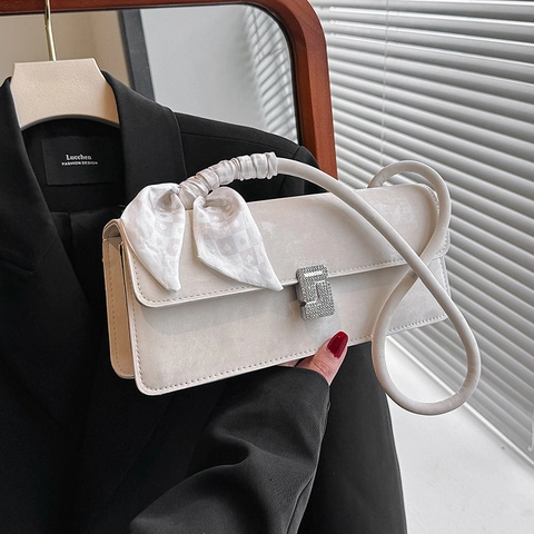 Bolso Baguette de Cuero PU para Mujer con Hebilla de Strass y Pañuelo de Satén Bolso de Hombro Pequeño Color Sólido Casual