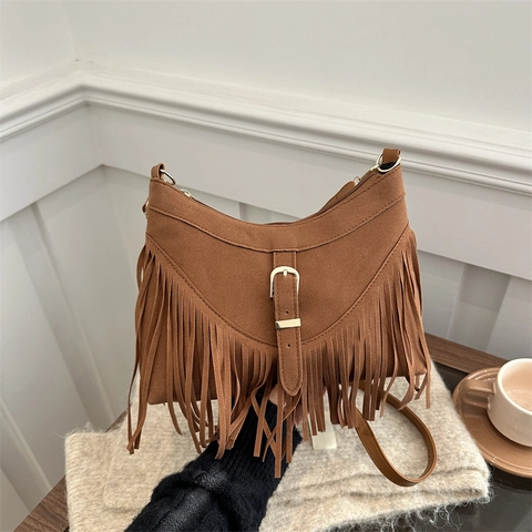 Women Retro Faux Suede Fringe Shoulder Bag Bohemian Tassel Small Square Crossbody Bag With Metal Buckle Daily Satchel Bag