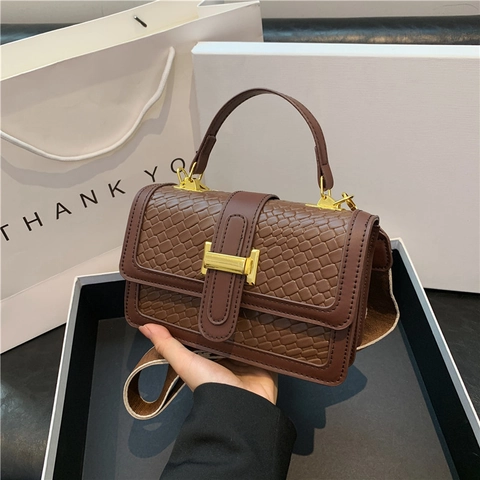 Vintage Geweven PU Leren Schoudertas Voor Vrouwen Mode H-Gesp Handtas Vierkante Crossbody Tas Met Brede Schouderriem