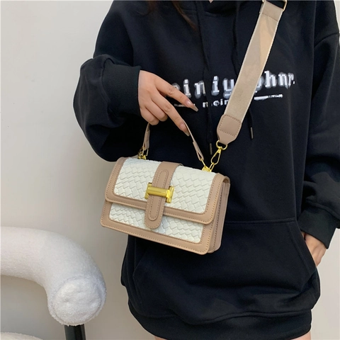 Vintage Geweven PU Leren Schoudertas Voor Vrouwen Mode H-Gesp Handtas Vierkante Crossbody Tas Met Brede Schouderriem