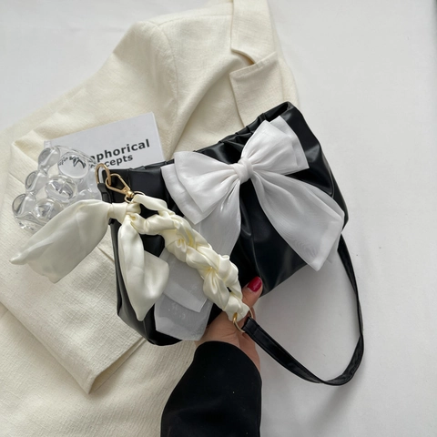 Sac à Épaule Plissé avec Nœud Papillon Grande Capacité en Cuir PU Sac Sous le Bras Femme Sac à Main Mode