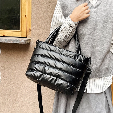 Damen Gesteppt Puffer Umhängetasche Metallic Polyester Tote Crossbody Bag Große Kapazität Mode Handtasche Für Den Alltag