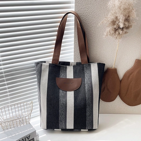 Women Fashion Striped Canvas Tote Bag Large Capacity Contrast Color Shoulder Bag With Leather Patch For Daily Commute