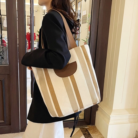 Women Fashion Striped Canvas Tote Bag Large Capacity Contrast Color Shoulder Bag With Leather Patch For Daily Commute