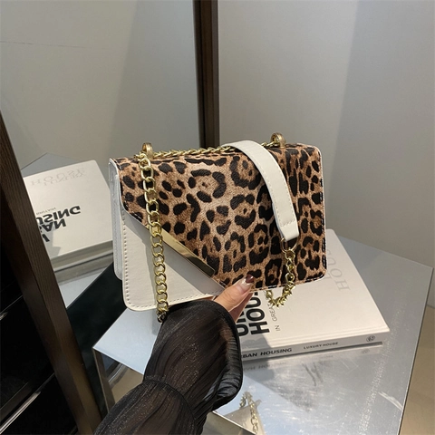 Women Leopard Print Stitching Shoulder Bag Fashion PU Leather Gold Metal Chain Small Square Crossbody Bag Street Trend Handbag