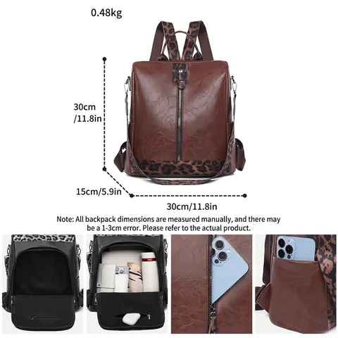 Mochila de Mujer en Piel Sintética con Estampado de Leopardo Antirrobo Bolso de Hombro Suave para Viajes Diario Casual