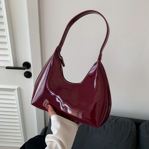Bolso de Axila de Media Luna de Cuero Charol Retro para Mujer Color Sólido PU Hobo Bolso de Hombro Moda Diaria Regalo Elegante