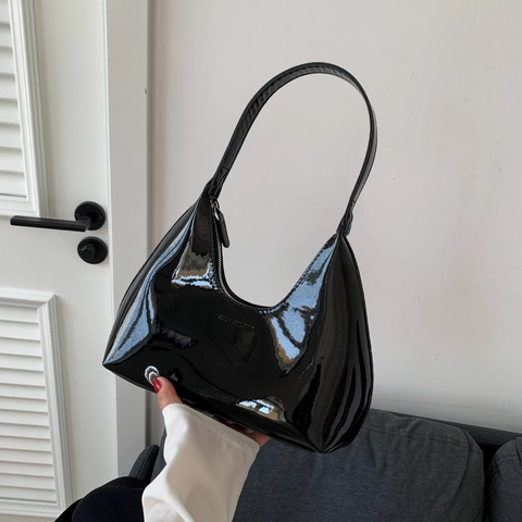 Bolso de Axila de Media Luna de Cuero Charol Retro para Mujer Color Sólido PU Hobo Bolso de Hombro Moda Diaria Regalo Elegante
