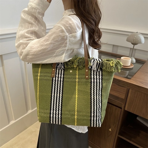 Damen Große Kapazität Gewebt Canvas Tote Tasche Mit Quasten Und Streifen Bohemian Urlaub Strand Schultertasche Fashion