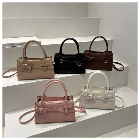 Women Vintage Minimalist PU Leather Shoulder Bag Solid Color Bow Metal Buckle Rectangular Crossbody Bag Top Handle Handbag