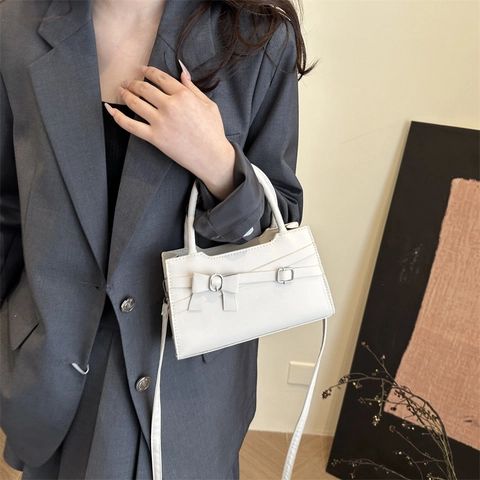 Women Vintage Minimalist PU Leather Shoulder Bag Solid Color Bow Metal Buckle Rectangular Crossbody Bag Top Handle Handbag