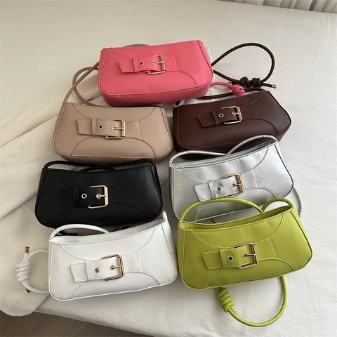 Borsa Baguette Sottobraccio in Pelle PU da Donna Borsa a Tracolla Minimalista Alla Moda Con Fibbia in Metallo e Manico a Nodo