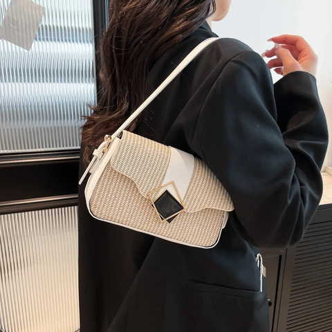 Mode Geweven PU Leer Schoudertas Voor Vrouwen Woon-werkverkeer Kleine Vierkante Ondertotas Met Geometrische Gesp Casual Crossbody Tas