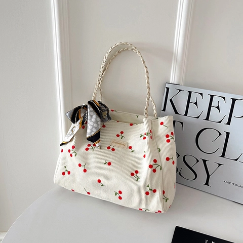 Borsa Tote da Donna in Velluto a Coste con Stampa Fragola Ciliegia Manico Intrecciato Decorazione Sciarpa Grande Capacità