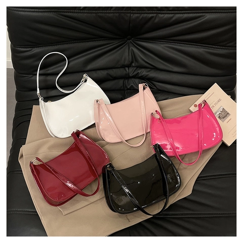 Korean Style Solid Color Glossy Patent Leather Underarm Bag For Women Minimalist Fashion Small Shoulder Handbag Daily Commute Bag