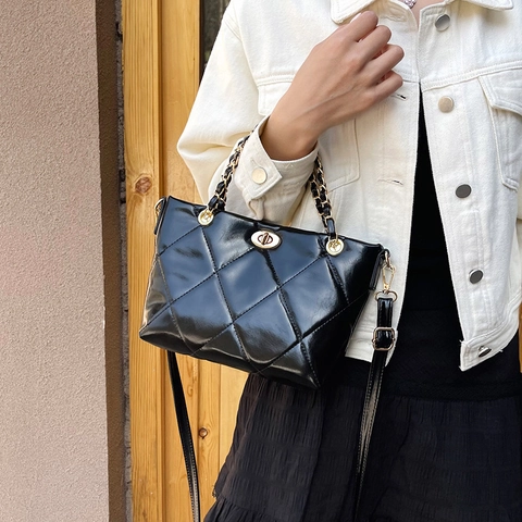 Borsa a Tracolla da Donna in Pelle PU Trapuntata a Rombi Moda Manico a Catena Tote Borsa Crossbody Chiusura Metallo Elegante